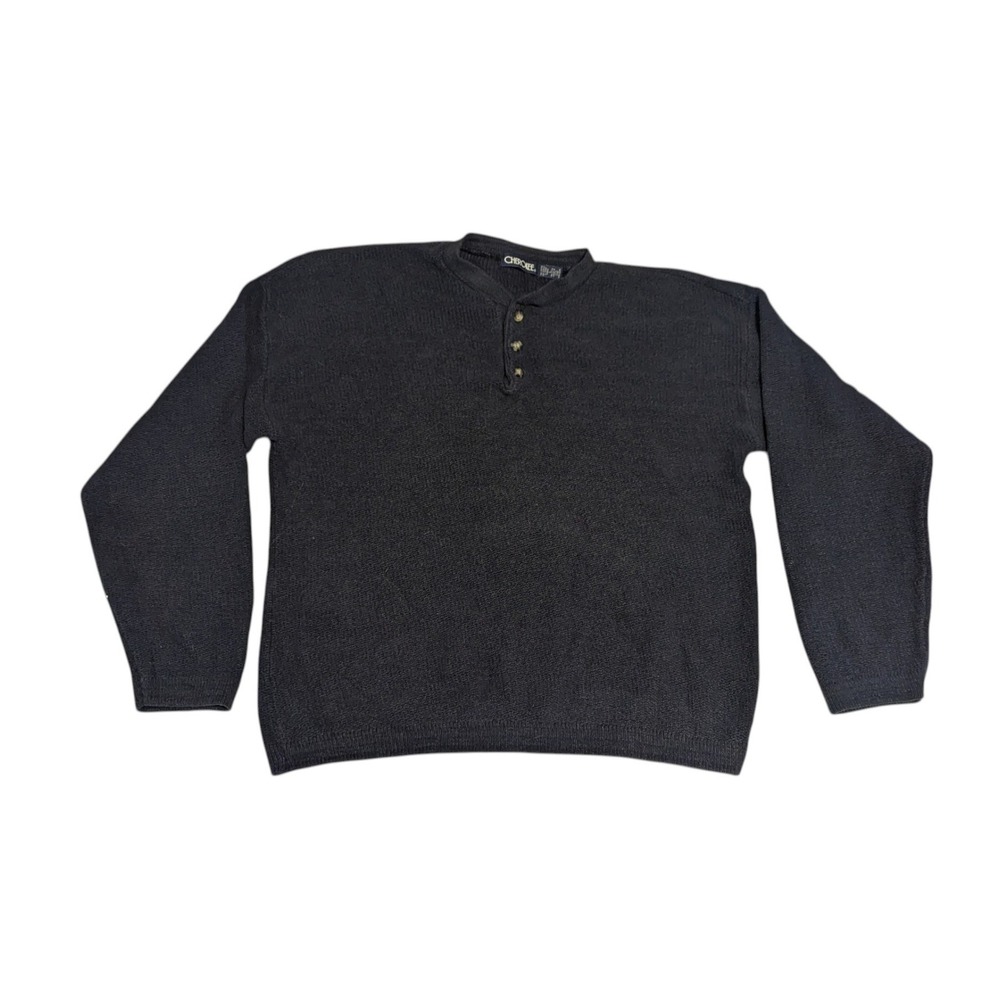 Cherokee Vintage Mens Henley Sweater Navy Blue Cotton Blend Made in USA Large